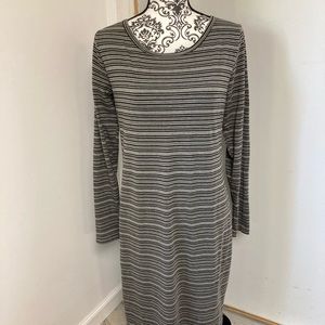 LulaRoe Debby Dress, size L, grey with black stripes.